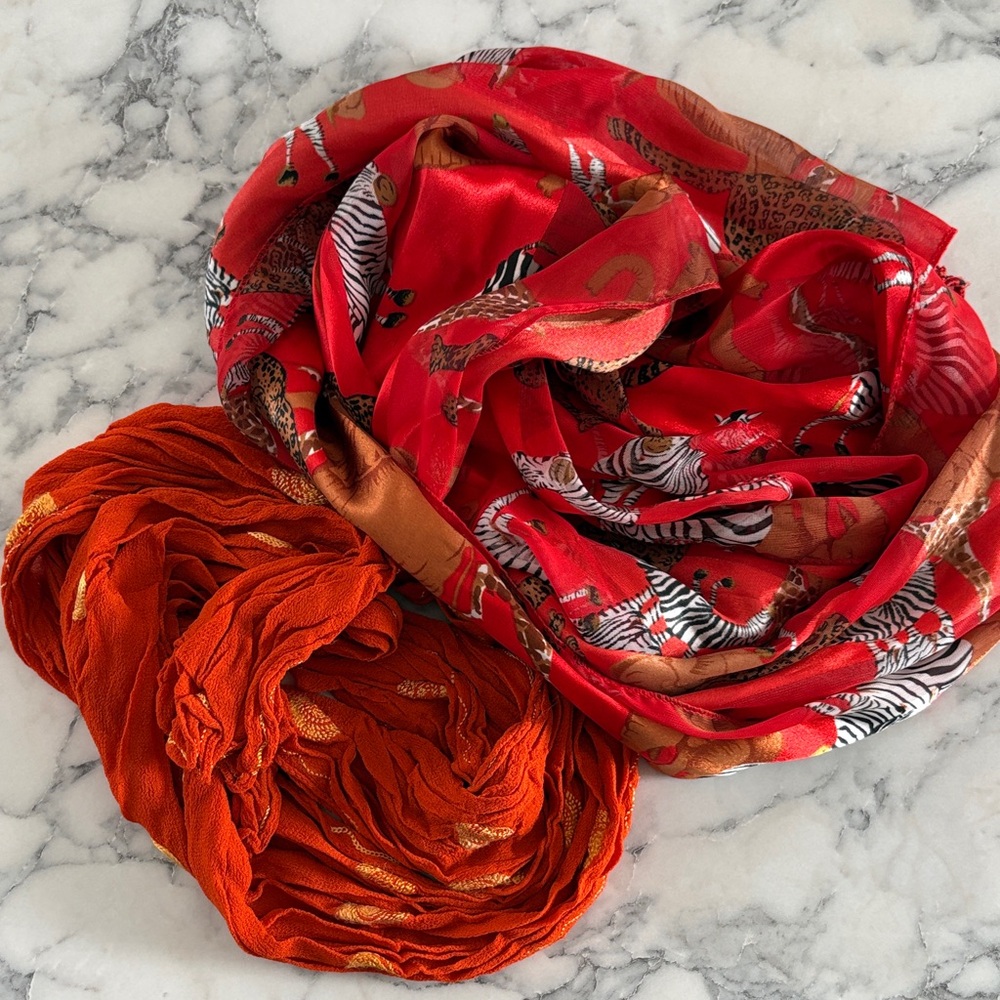 🦒 🧣 Animal Print and Orange Textured Scarf Lot of 2